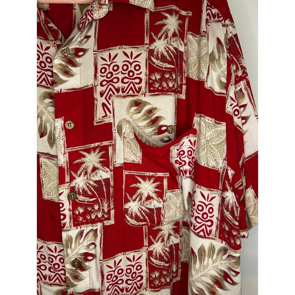 Puritan Mens Red Tropical Patchwork Hawaiian Shirt Short Sleeve Palm Leaf XXL - Picture 4 of 7
